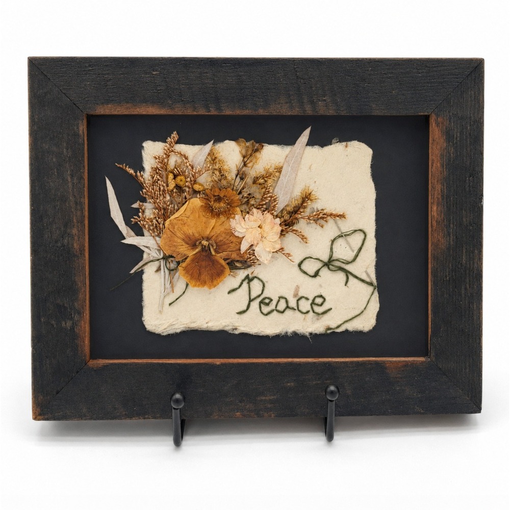 Vintage Rustic Pressed Flower Wall Art Embroidered Botanical Decor Wood Frame